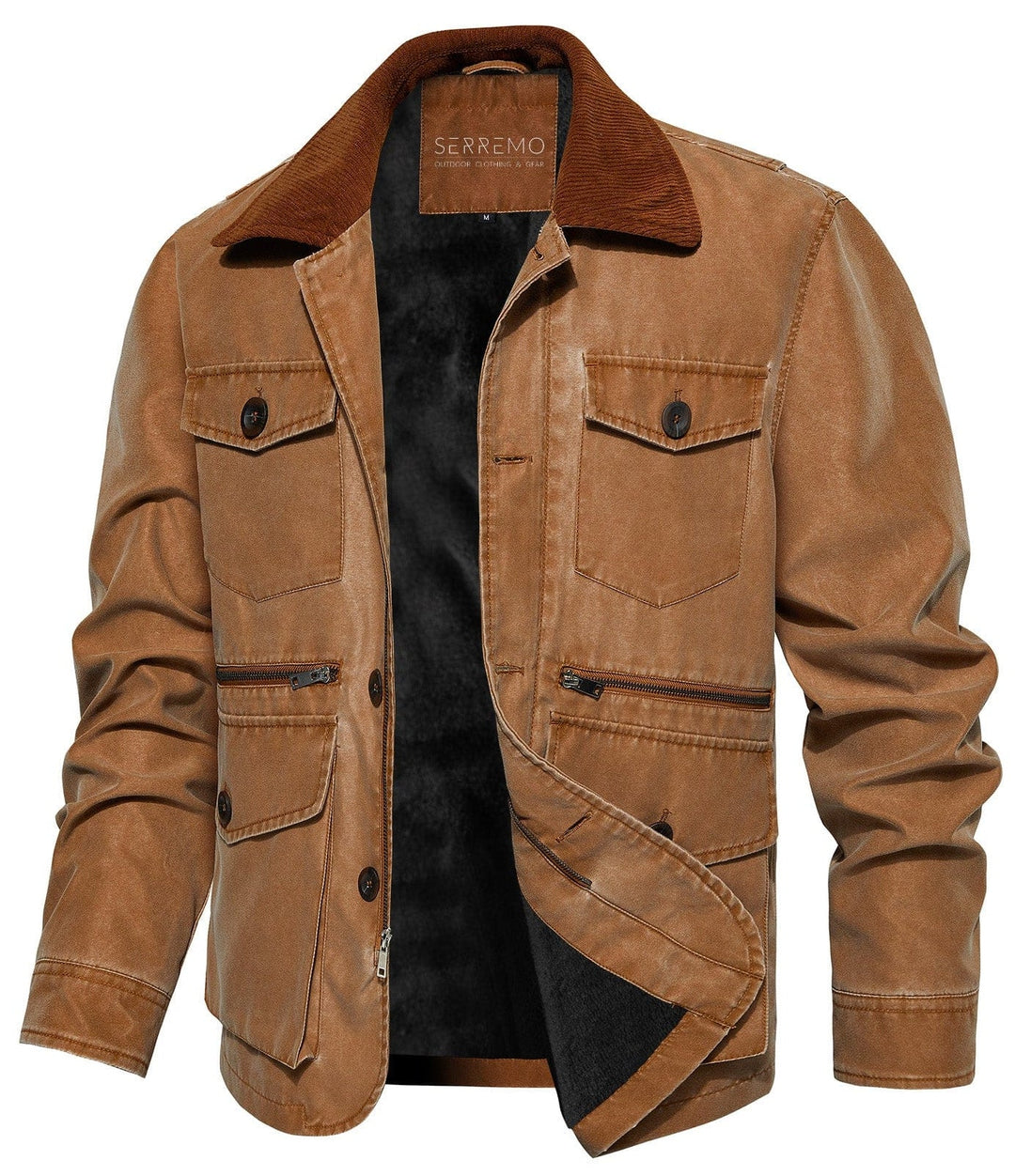 Back view of a black canvas men's jacket with corduroy collar, emphasizing the utilitarian design.