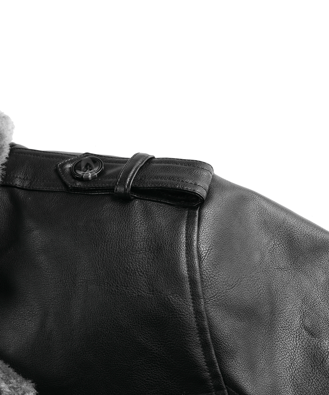Close-up of the stitching detail on the men's black PU leather arctic winter coat, durable design