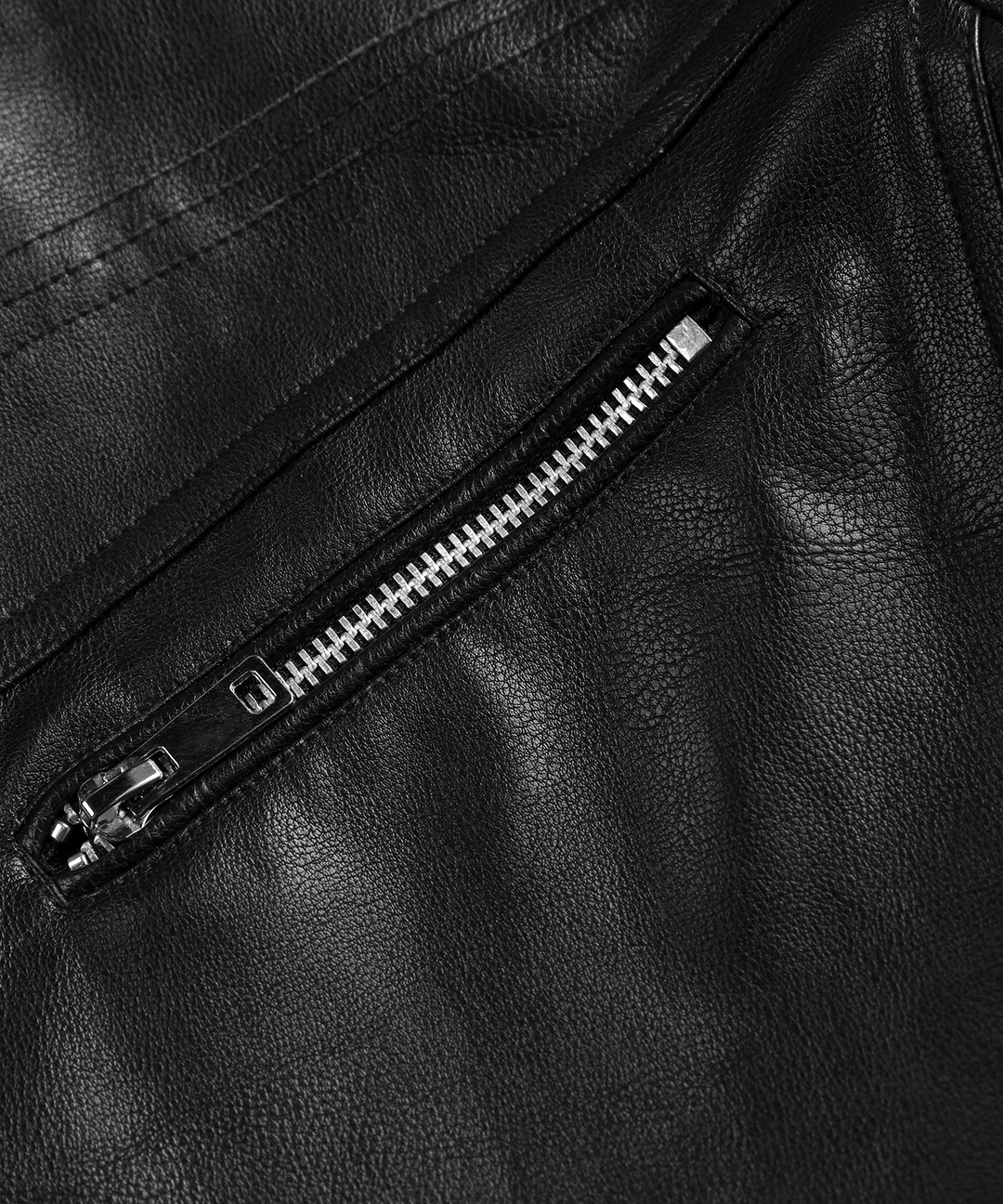 Front pocket detail on the men's black PU leather arctic winter jacket, practical for outdoor use