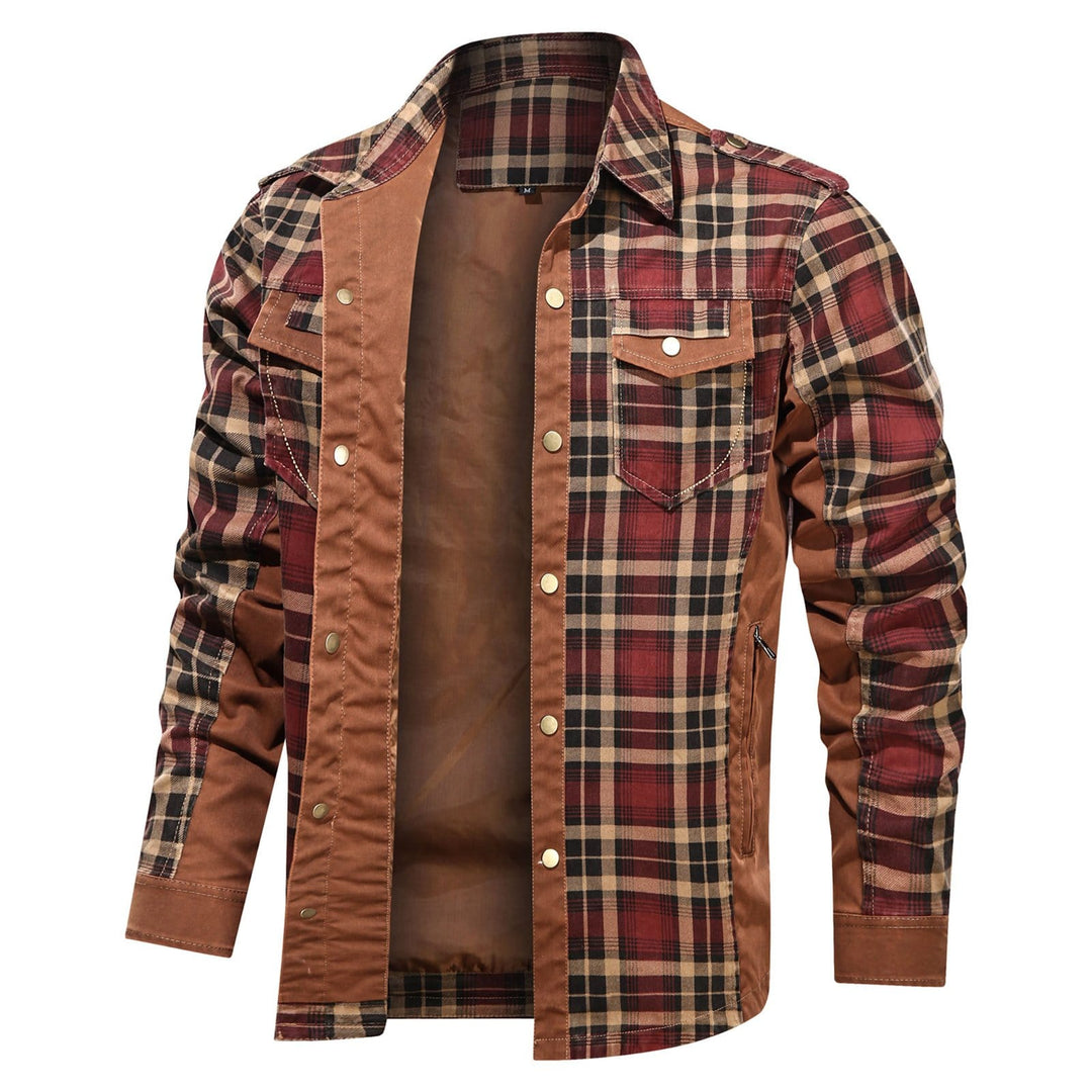 Men's rugged flannel button-down shirt, long sleeve, cotton blend for outdoor casual wear.