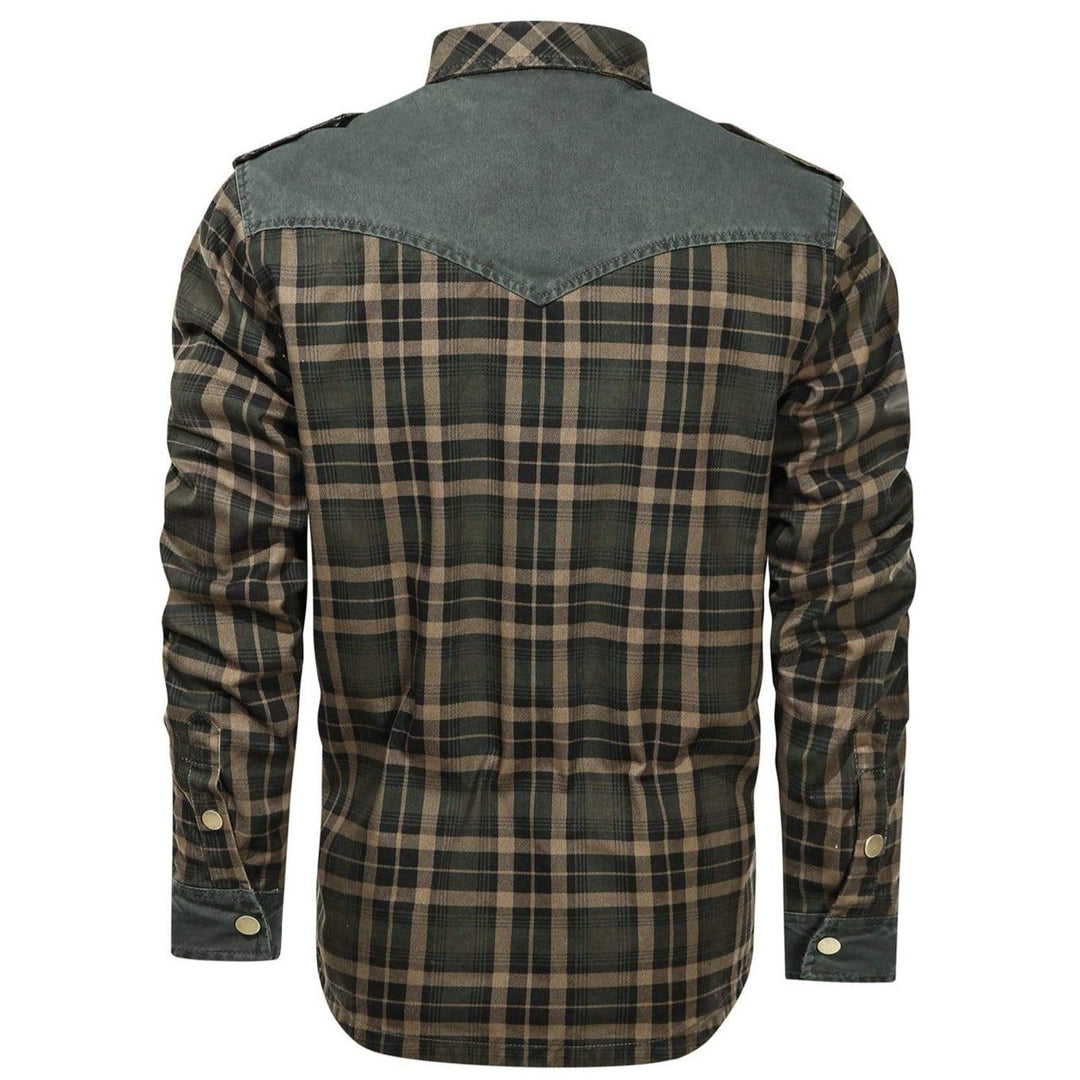 Close-up of the collar on a men's flannel button-down shirt, highlighting quality and rugged style.