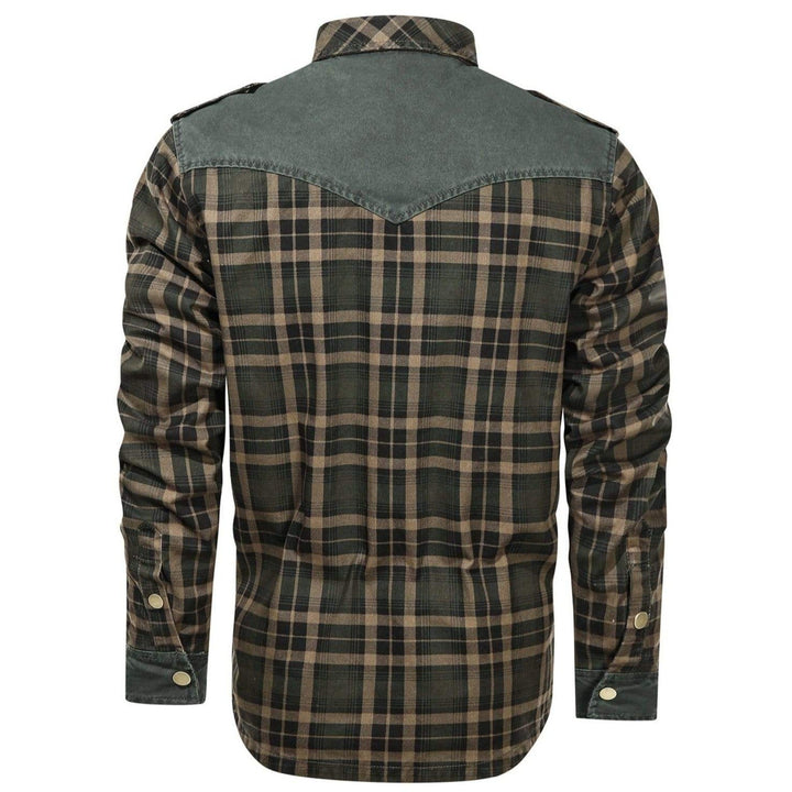 Close-up of the collar on a men's flannel button-down shirt, highlighting quality and rugged style.