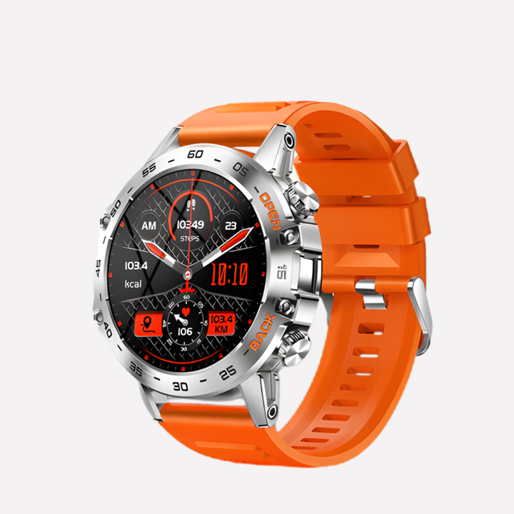 Men's adventure smartwatch with GPS, AMOLED display, & fitness tracking. iOS/Android compatible, water resistant.