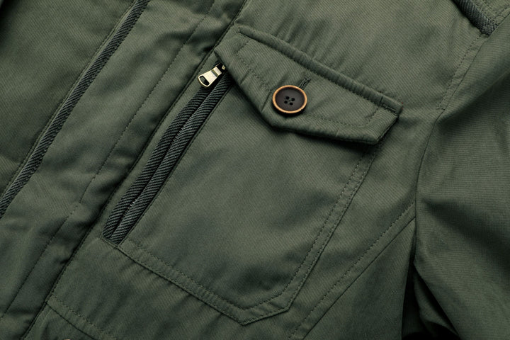 Inside view of the cozy fleece lining in a men's heavyweight work jacket, winter ready.