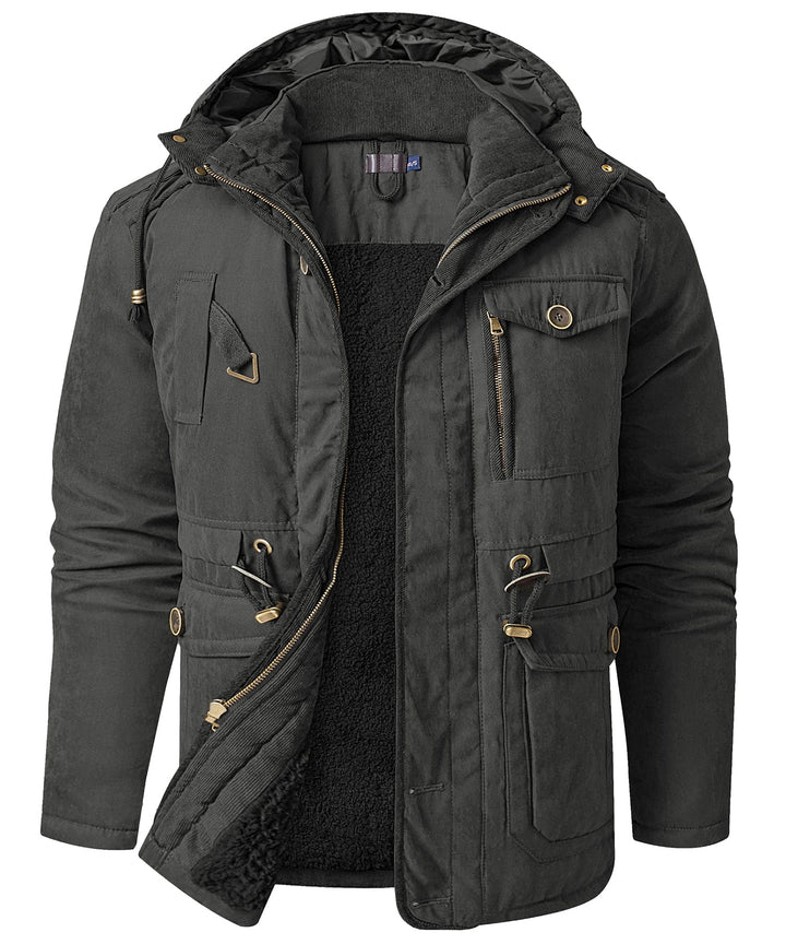 Back view of a men's rugged work jacket, showing strong construction and durability.
