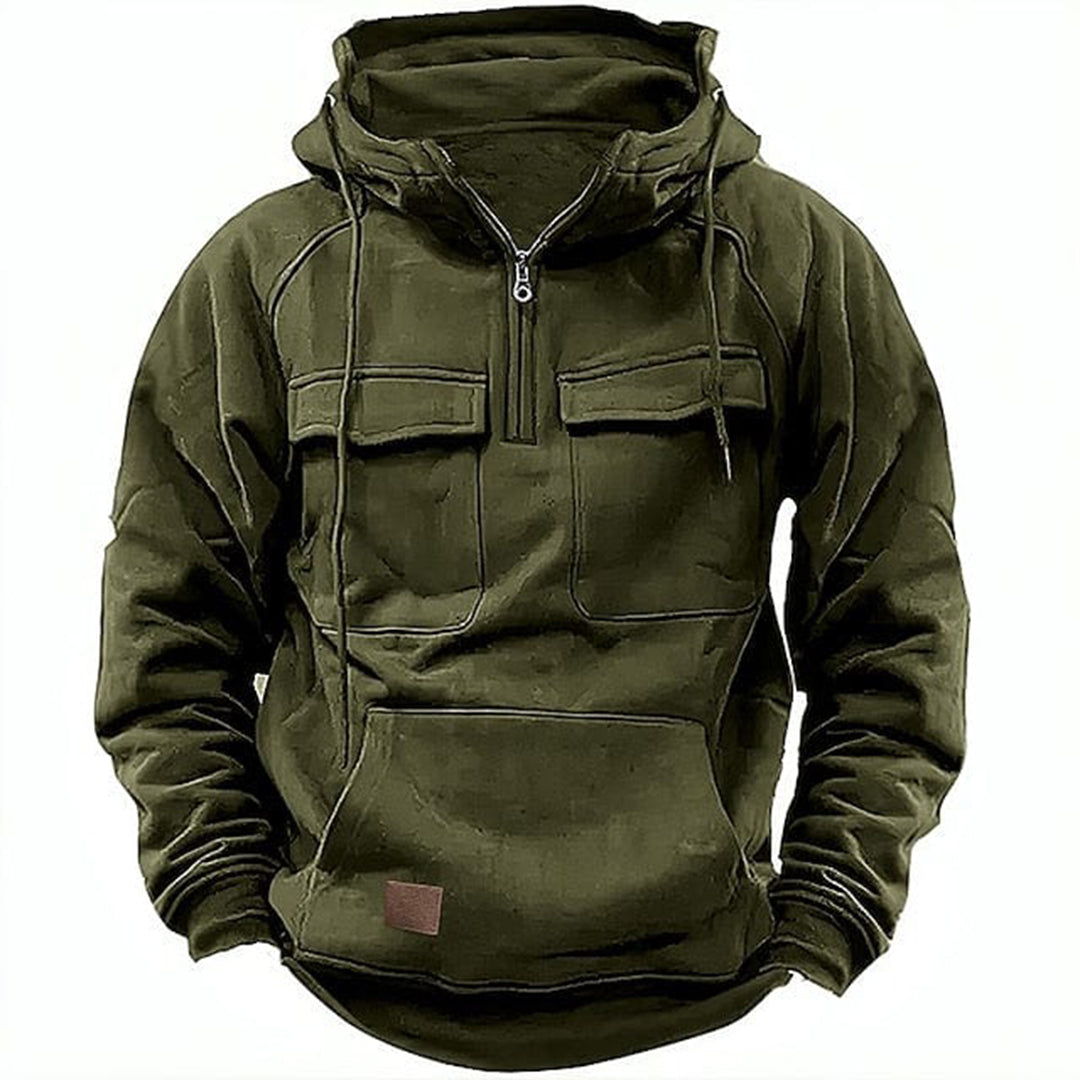 Full zip men's retro motorcycle hoodie in rugged style, ideal outerwear for casual vintage fashion & comfort.