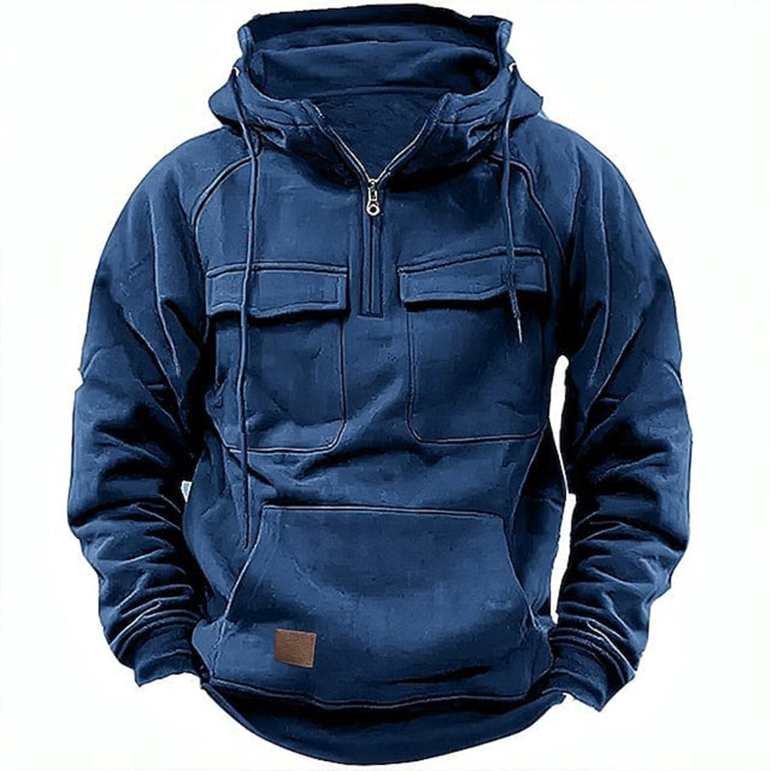 Men's everyday retro motorcycle hoodie, full zip, offering a rugged, comfortable look for streetwear fashion.