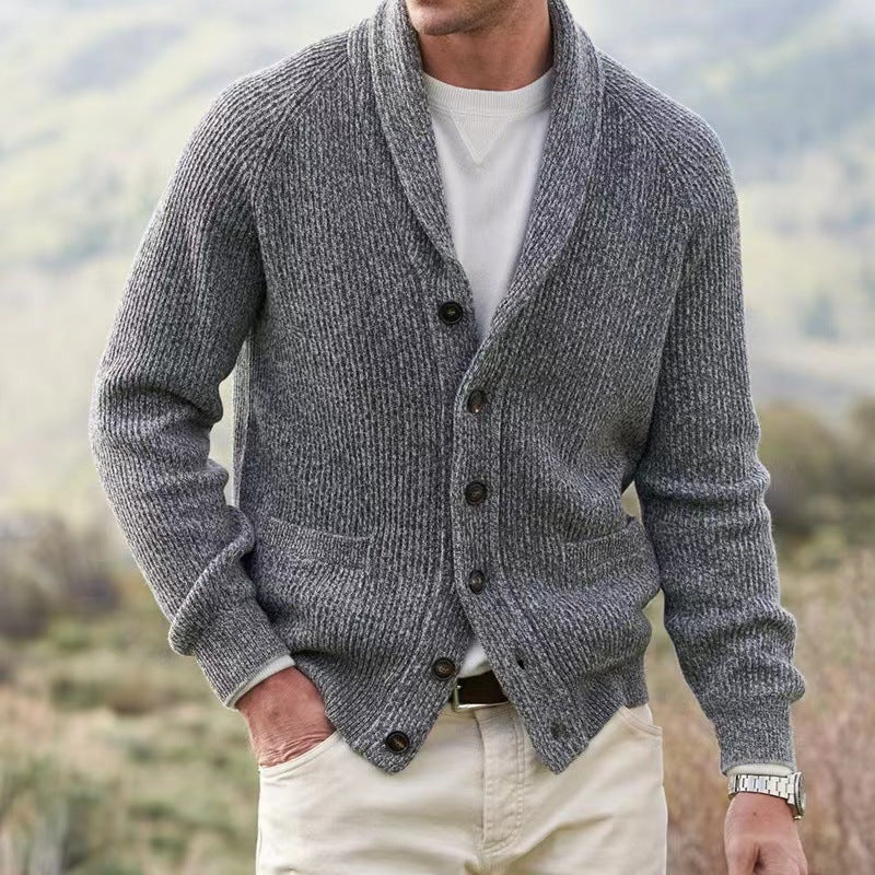 Men's shawl collar cardigan, comfortable knitwear for stylish layering and versatile wear.