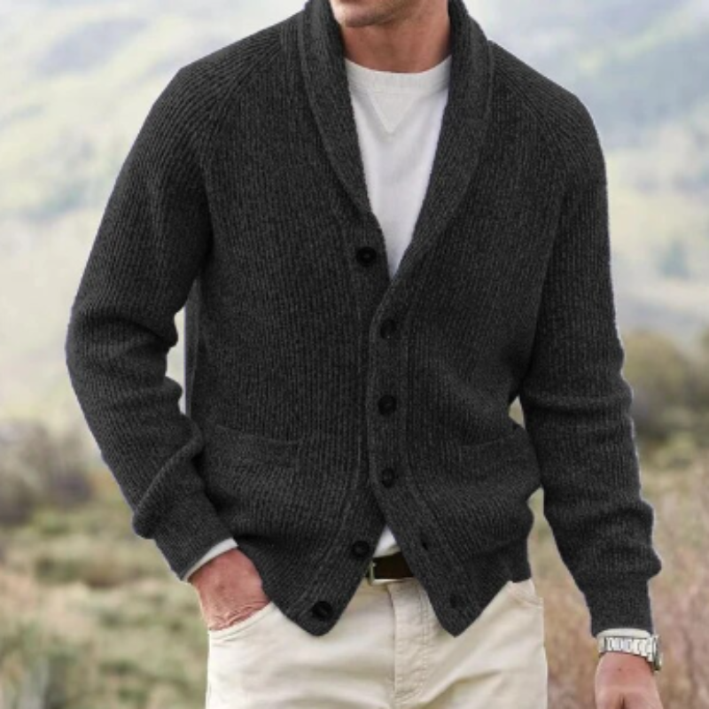 Versatile men's shawl collar cardigan sweater, perfect for casual and stylish layering outfits.