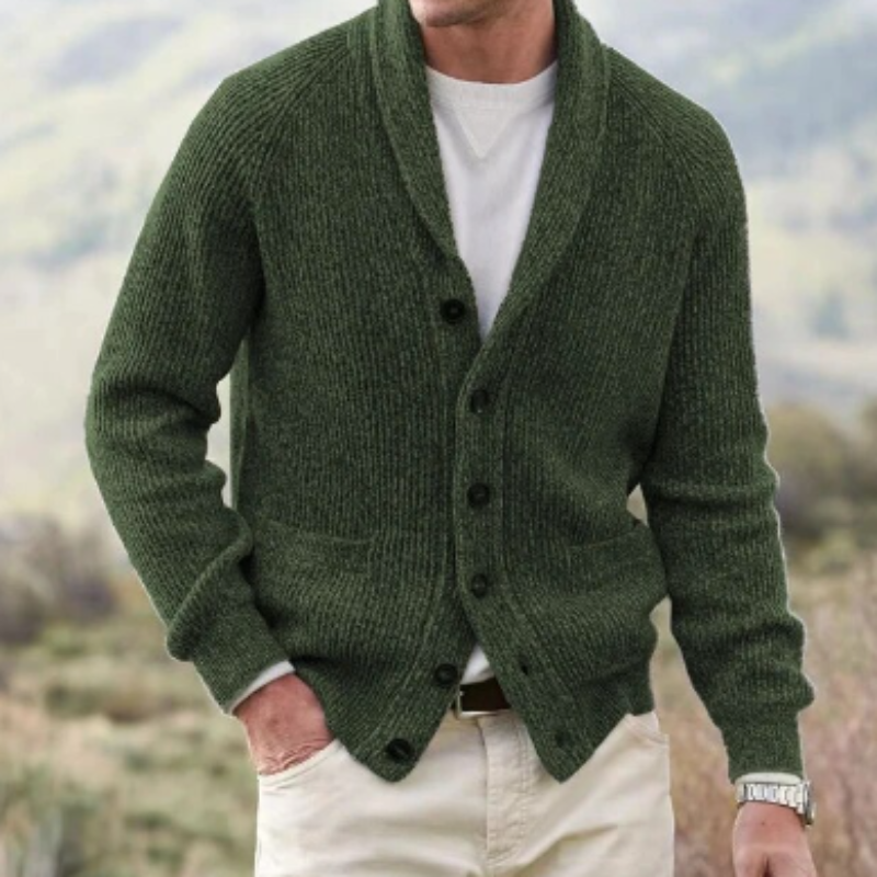 Stylish men's knitwear: a comfortable shawl collar cardigan, ideal for modern mens fashion.