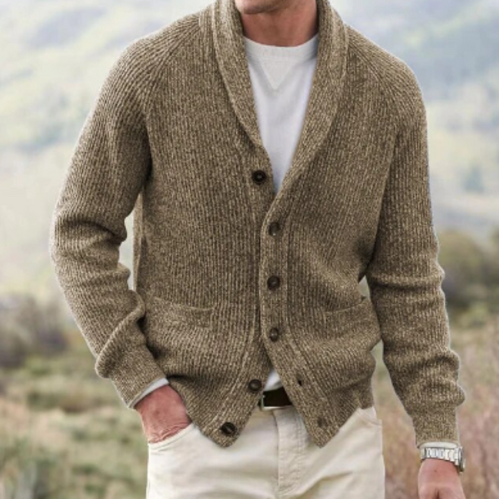 Warm knit men's shawl collar cardigan sweater for comfort, casual wear, and timeless style.