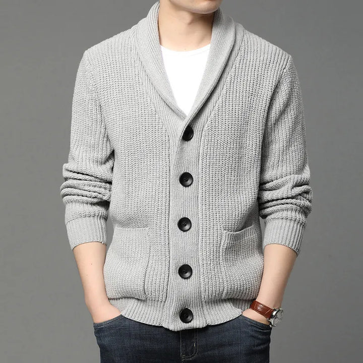 Men's shawl collar cardigan with button front, ideal for effortless layering and casual style.