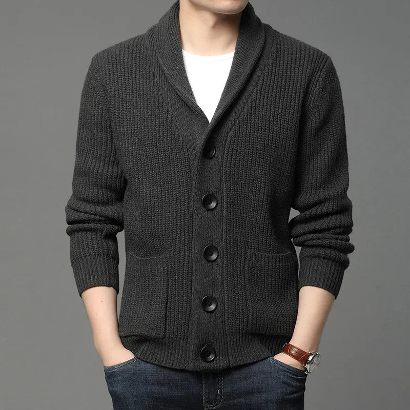 Versatile men's shawl collar cardigan, perfect for all-season fashion layering and comfort.