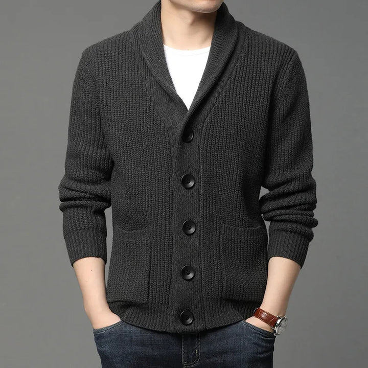 Versatile men's shawl collar cardigan, perfect for all-season fashion layering and comfort.