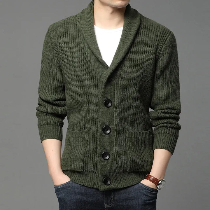 Cozy men's button-front shawl collar cardigan, offering comfortable and stylish everyday wear.