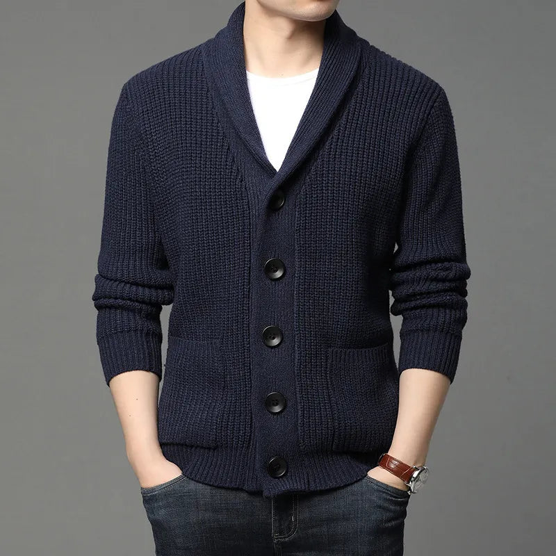 Stylish men's shawl collar cardigan, a modern essential for effortless layering in men's fashion.
