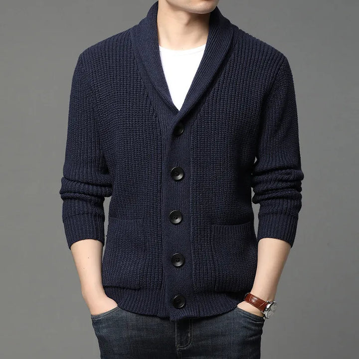Stylish men's shawl collar cardigan, a modern essential for effortless layering in men's fashion.