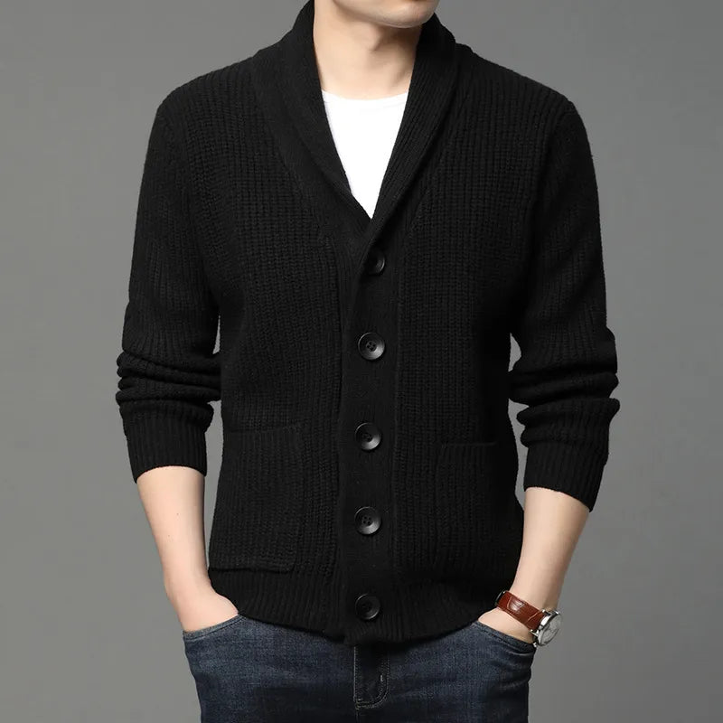 Classic men's shawl collar cardigan, worn casually for a versatile, all-season layering look.