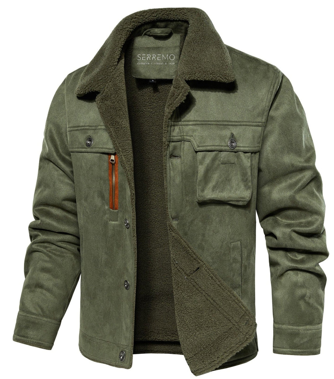 Man wearing Sherpa fleece lined jacket outdoors, ideal for fall/winter