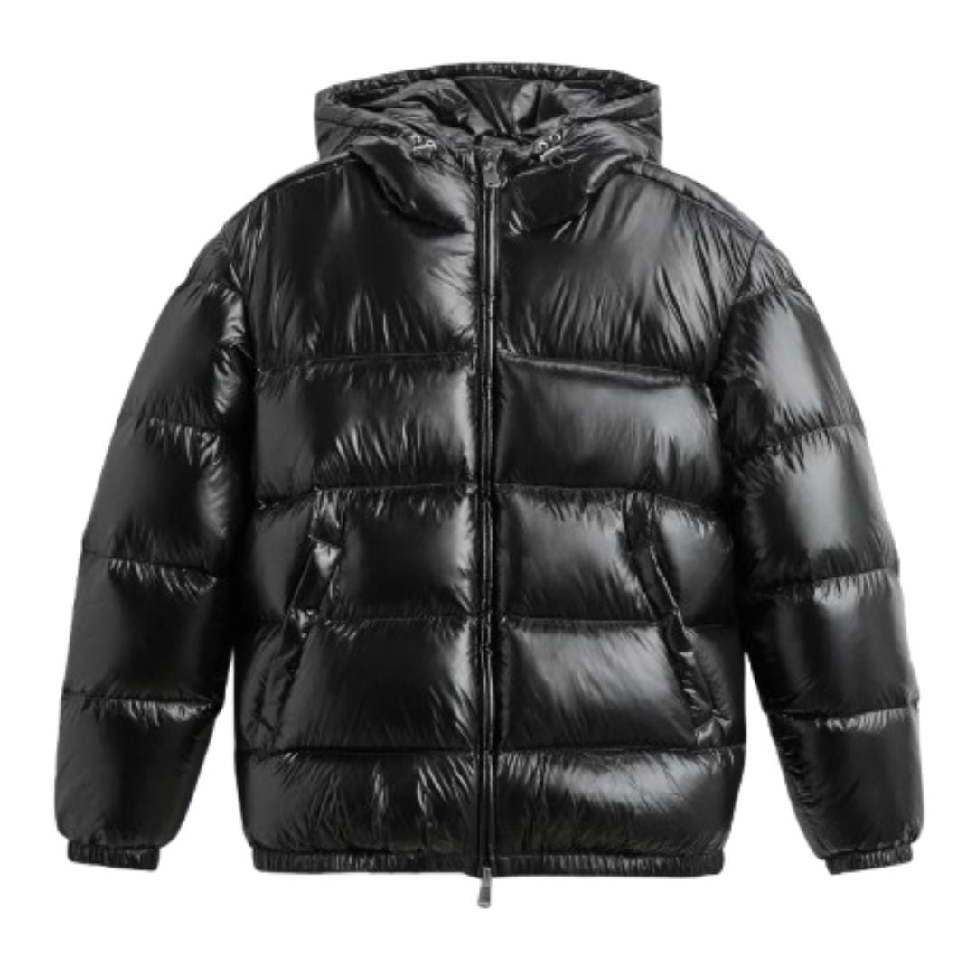Men's shiny black quilted puffer jacket with hood, ideal for winter outerwear
