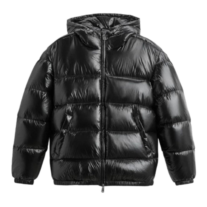 Men's shiny black quilted puffer jacket with hood, ideal for winter outerwear
