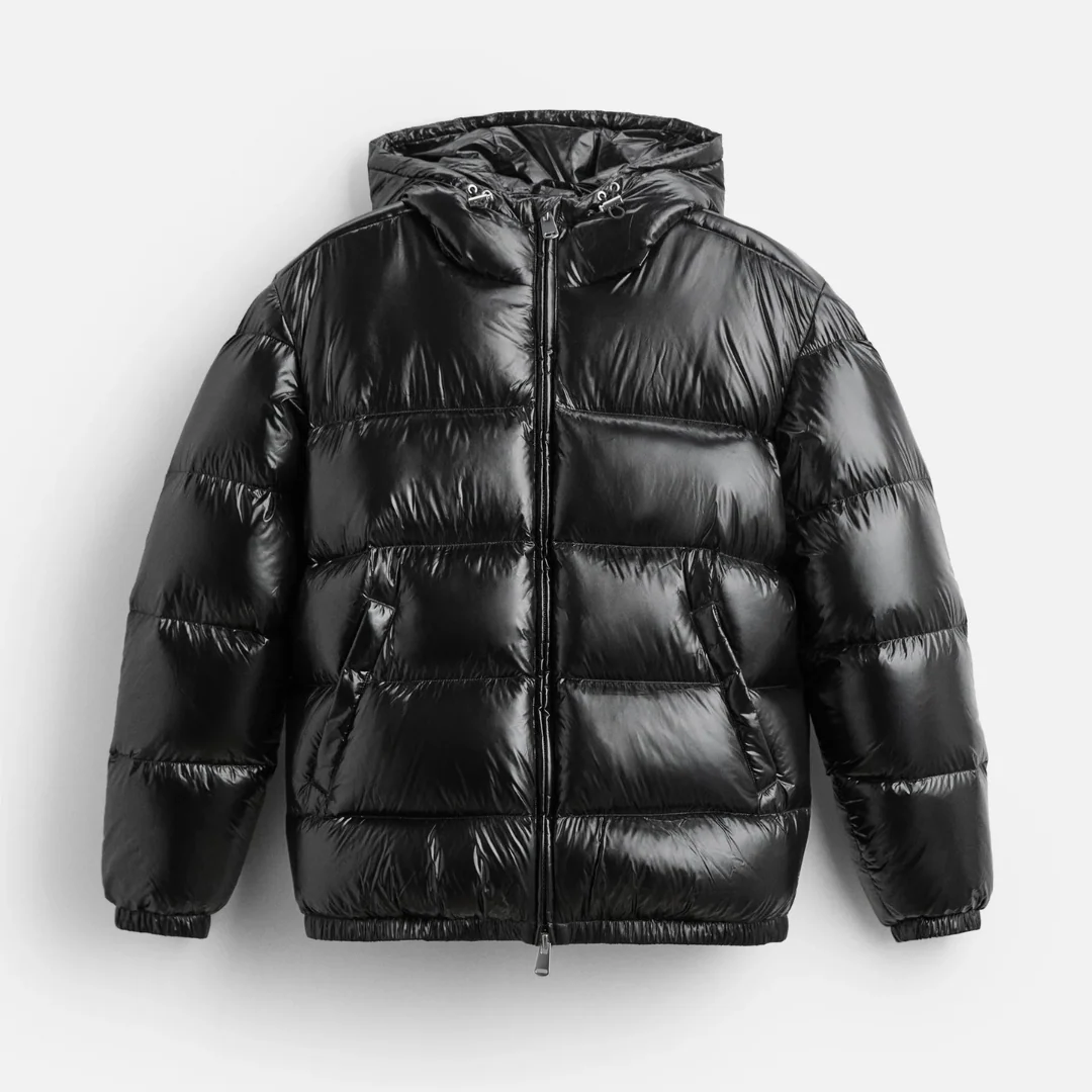Stylish men's shiny hooded puffer jacket, a warm and fashionable winter coat