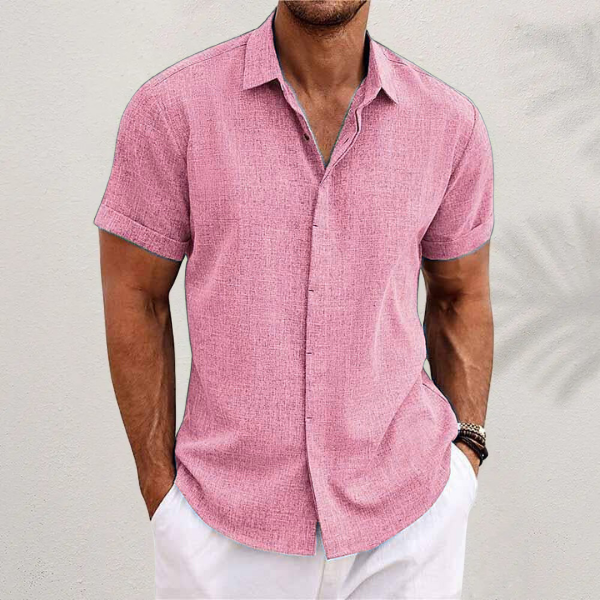 Relaxed men's short sleeve button-down shirt, perfect casual wear for warm summer days & beach.