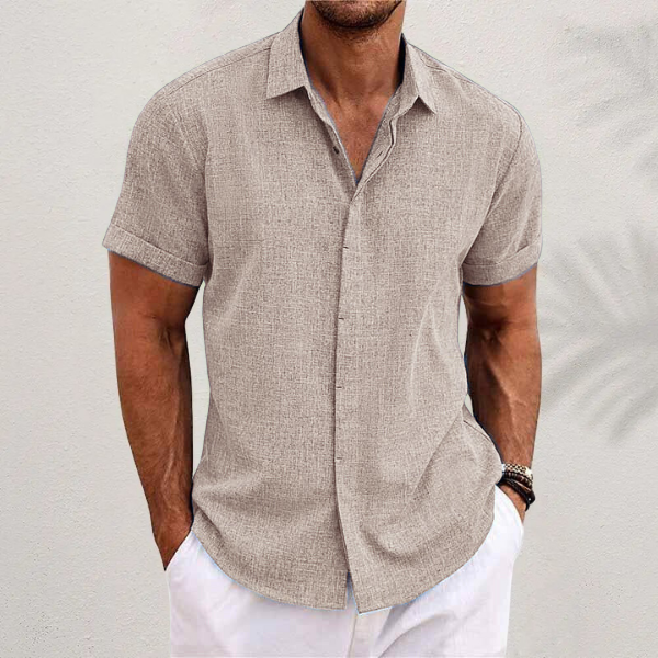 Men's casual short sleeve button-down shirt, spread collar, tapered fit, perfect for summer.