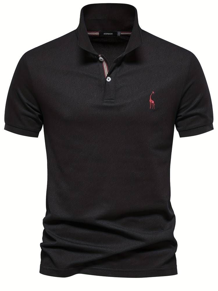 Man wearing a men's short sleeve golf polo shirt with a playful embroidered giraffe, swinging a golf club.