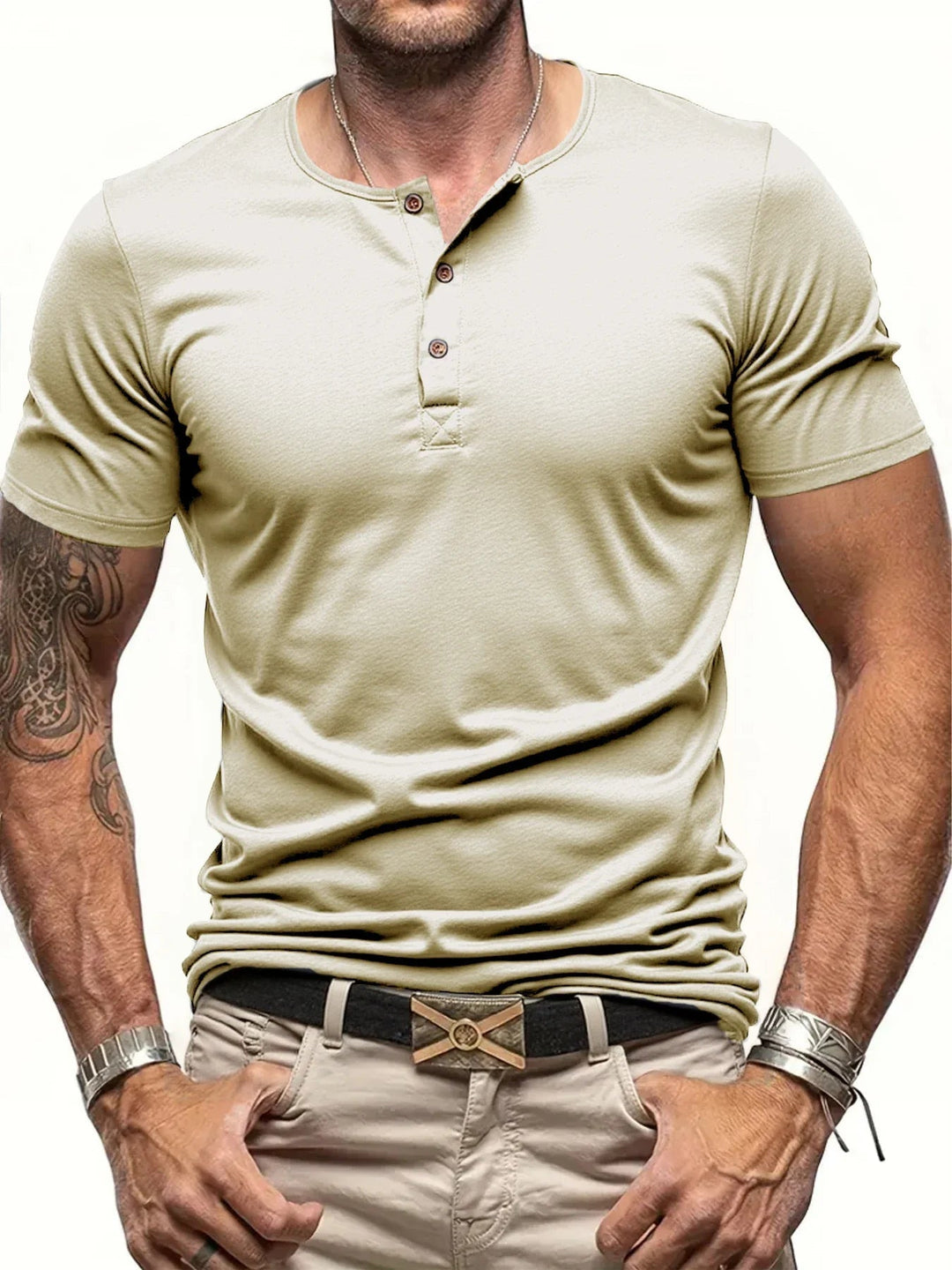 Men's essential short sleeve Henley with button placket & ribbed collar. A versatile wardrobe staple.