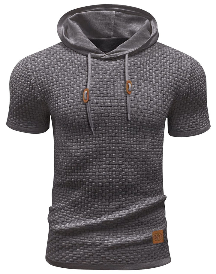 Polyester men's short sleeve hoodie, ideal for summer, shown in a relaxed fit