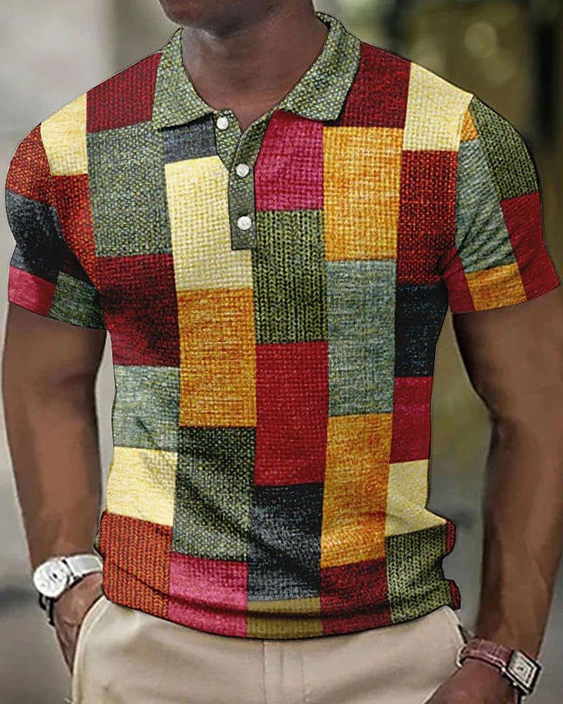 Stylish men's casual polo shirt featuring a geometric check design. Breathable and comfortable for spring & summer.