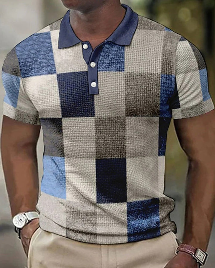 Caspar men's modern grid check polo shirt. Short sleeve, relaxed fit top, ideal for a smart casual look.