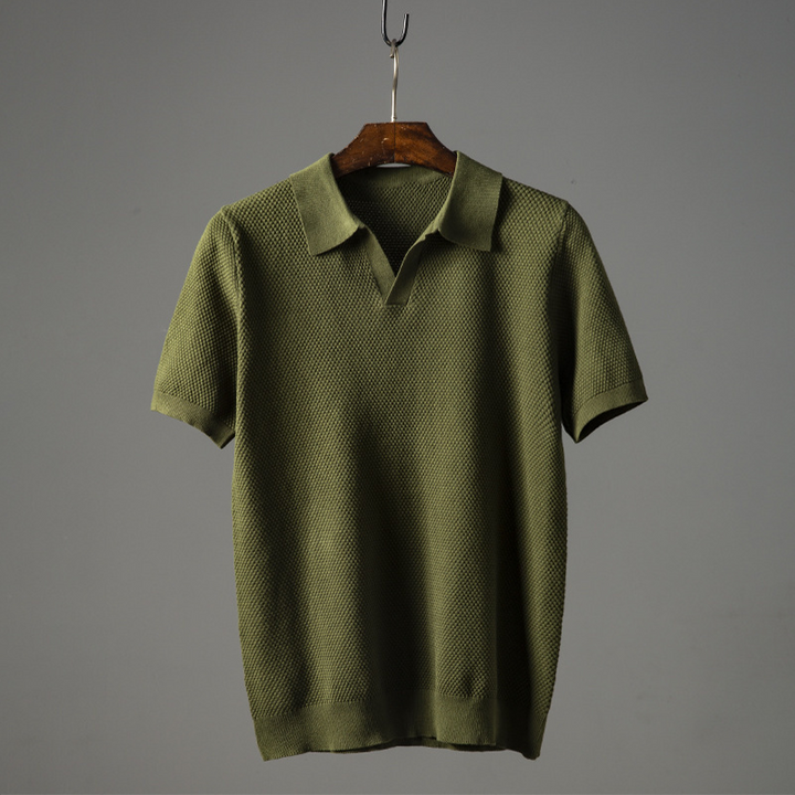 Men's short sleeve textured knit polo shirt, ideal for smart casual style and everyday comfort.