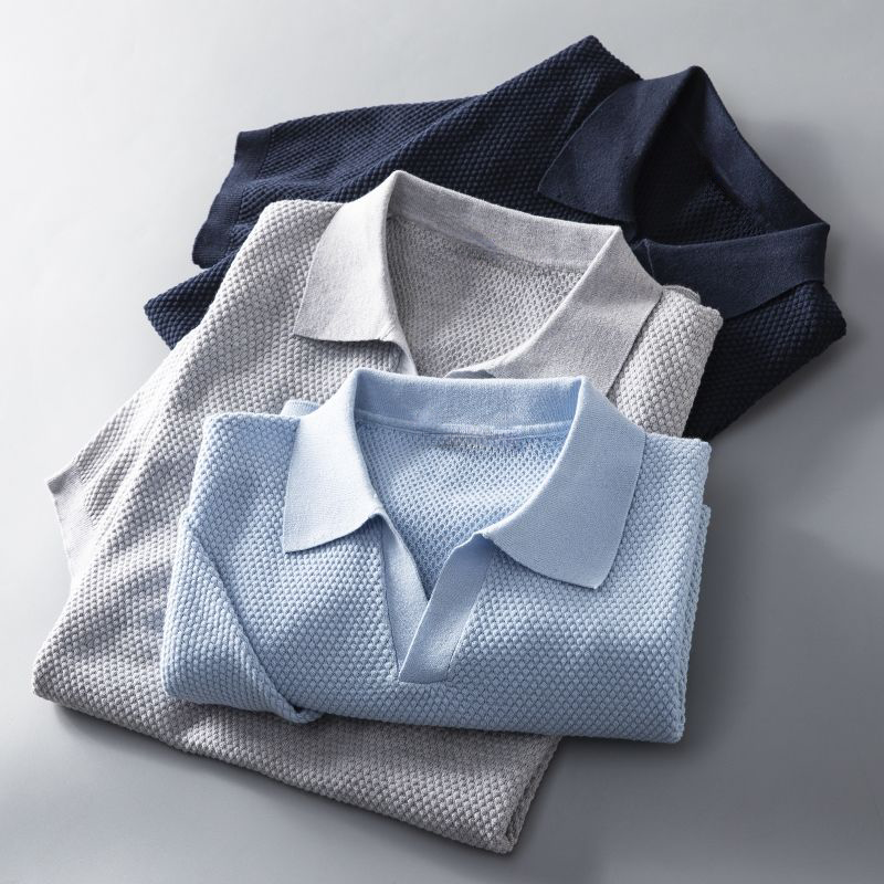 Modern men's textured short sleeve polo shirt, a stylish everyday comfort piece for men's fashion.