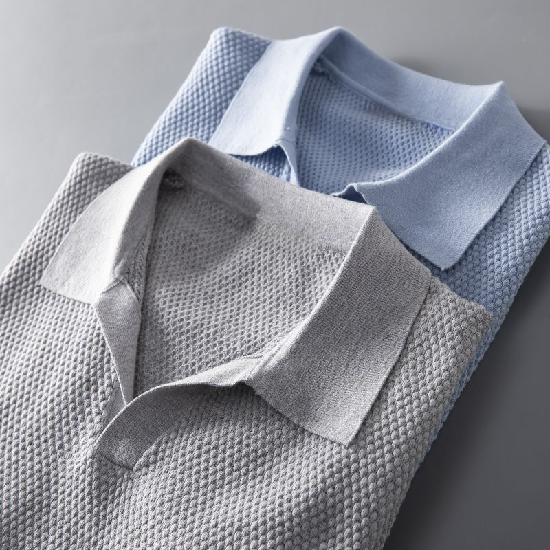 Men's textured knit short sleeve polo, perfect for smart casual summer outfits. Everyday stylish.