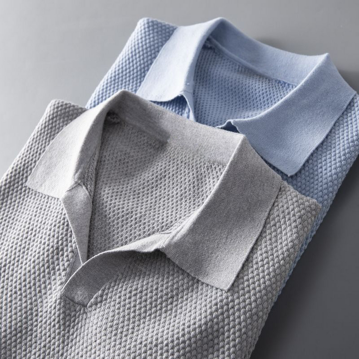 Men's textured knit short sleeve polo, perfect for smart casual summer outfits. Everyday stylish.