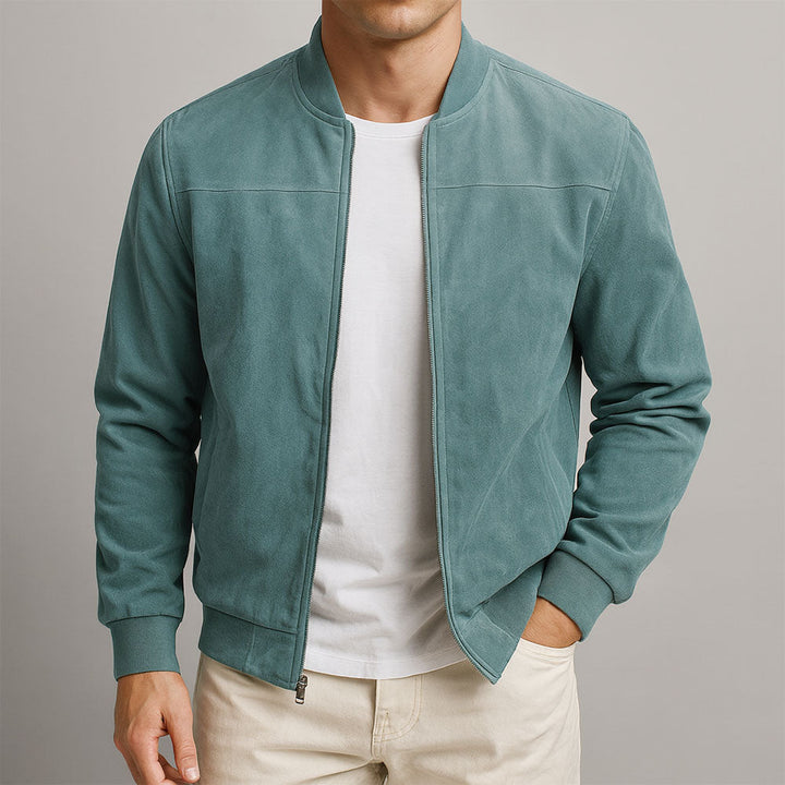 Man modeling a stylish men's bomber jacket, perfect lightweight outerwear for casual occasions and everyday comfort.