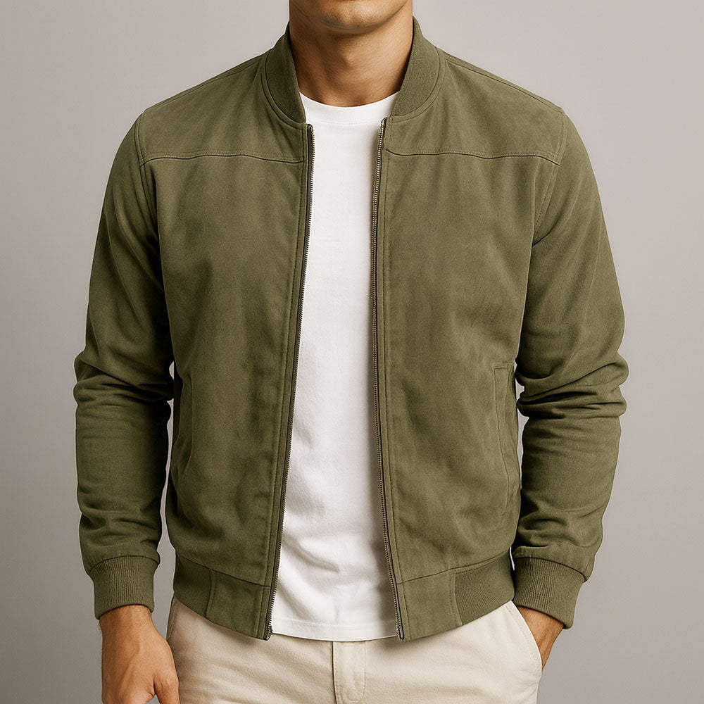 Black men's bomber jacket, a comfortable and versatile zip-up outerwear piece ideal for modern casual fashion.