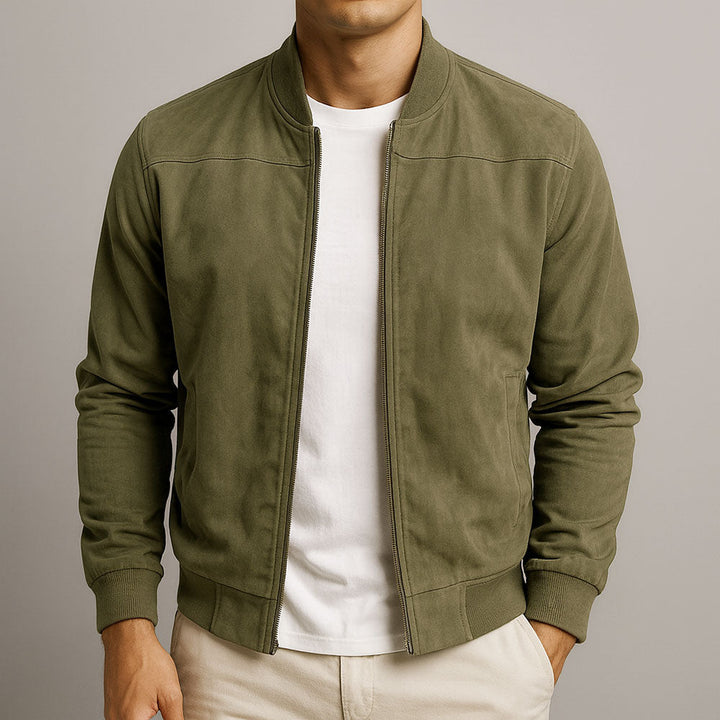 Black men's bomber jacket, a comfortable and versatile zip-up outerwear piece ideal for modern casual fashion.
