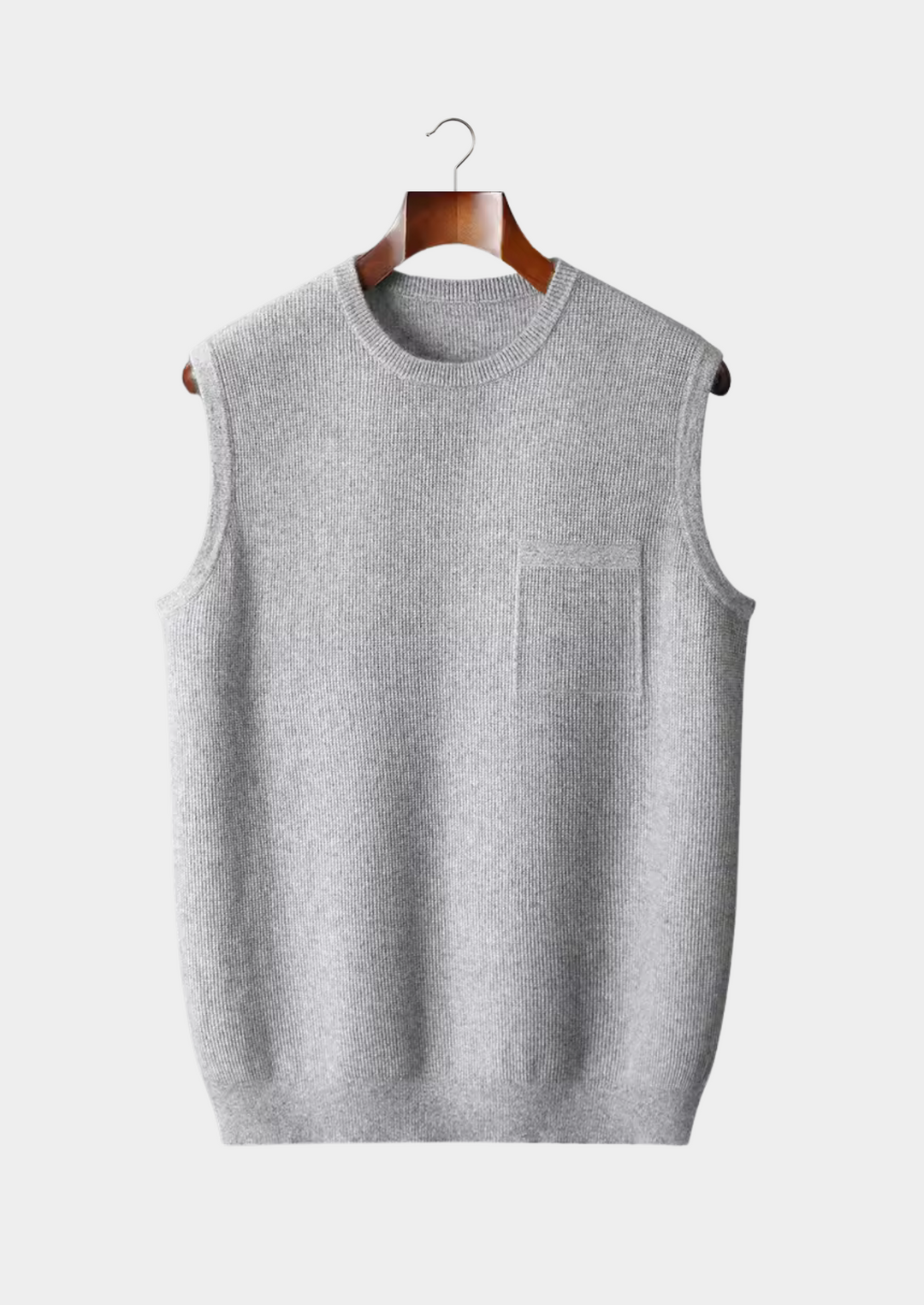 Men's sleek gray crew neck vest, cotton blend. Ideal for versatile layering, casual & smart casual wear.