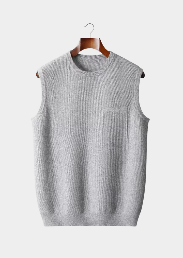 Men's sleek gray crew neck vest, cotton blend. Ideal for versatile layering, casual & smart casual wear.