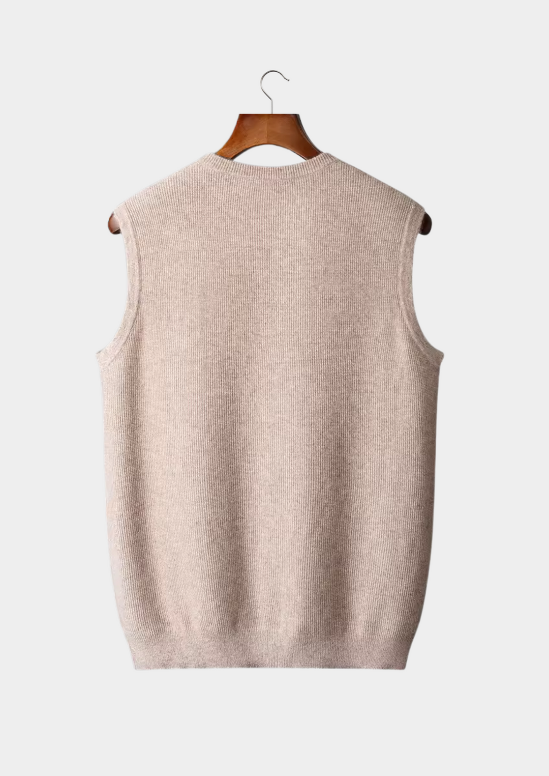 Versatile beige men's sleeveless crew neck vest. Cotton blend, perfect for casual or smart casual layering.