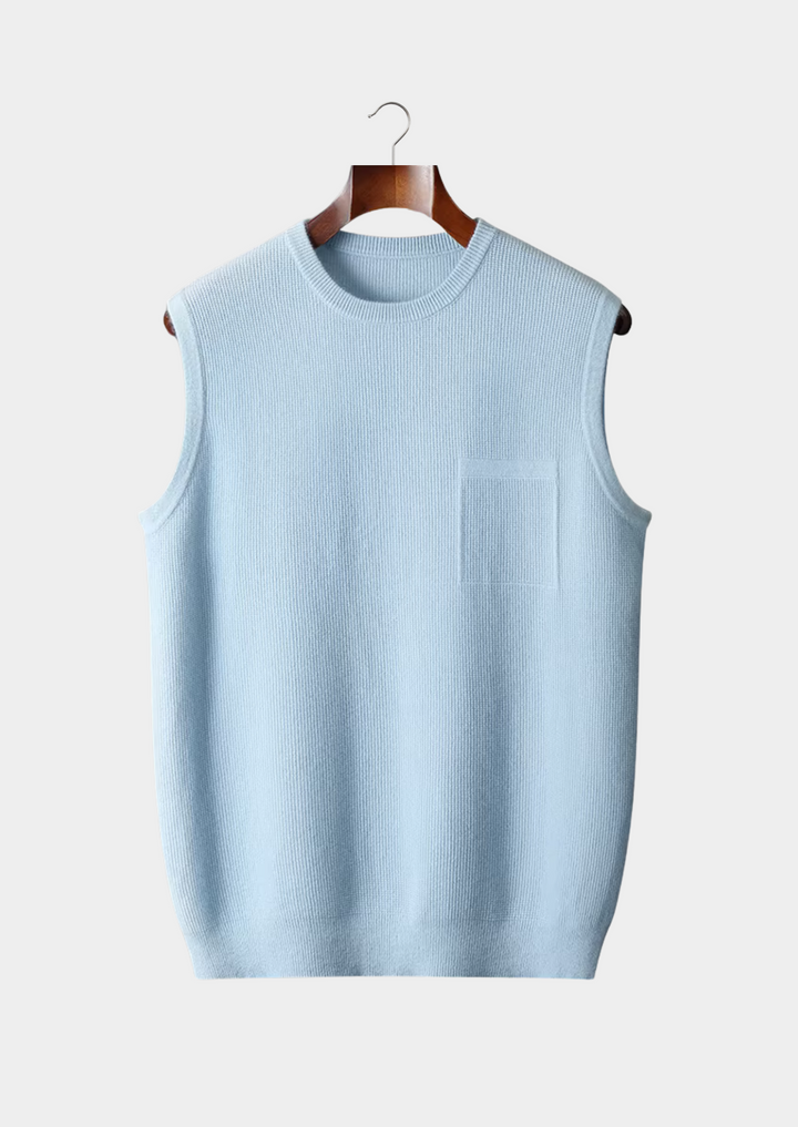 Sleek light blue men's crew neck vest, cotton blend. A wardrobe staple for versatile layering in men's fashion.