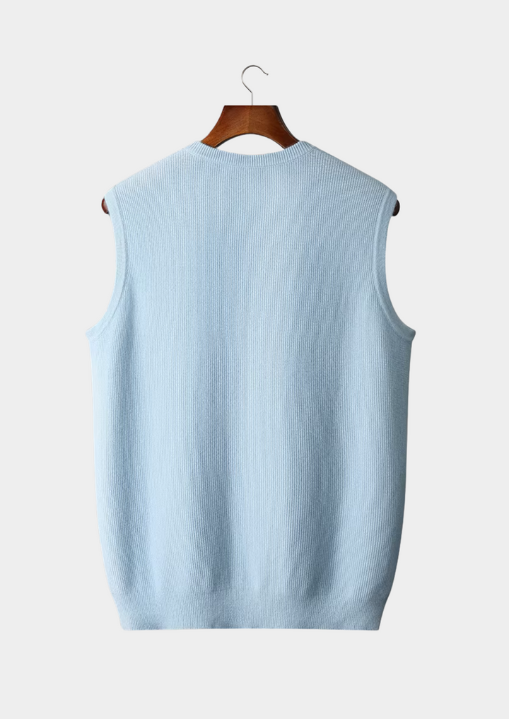 Classic gray men's crew neck vest, cotton blend for comfort. Ideal for versatile layering and everyday wear.