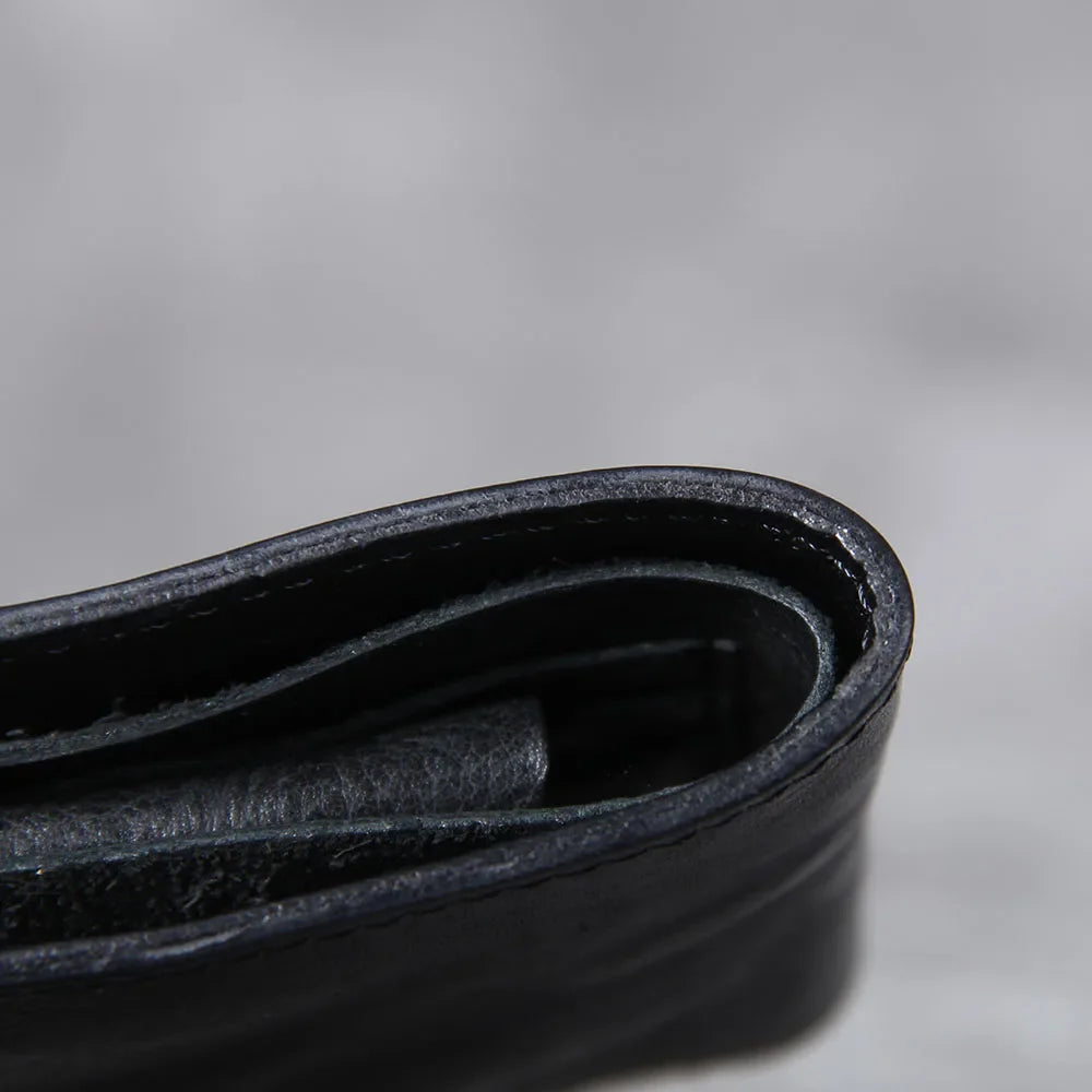 Top-down view of an open men's bifold wallet, showing organized card slots.