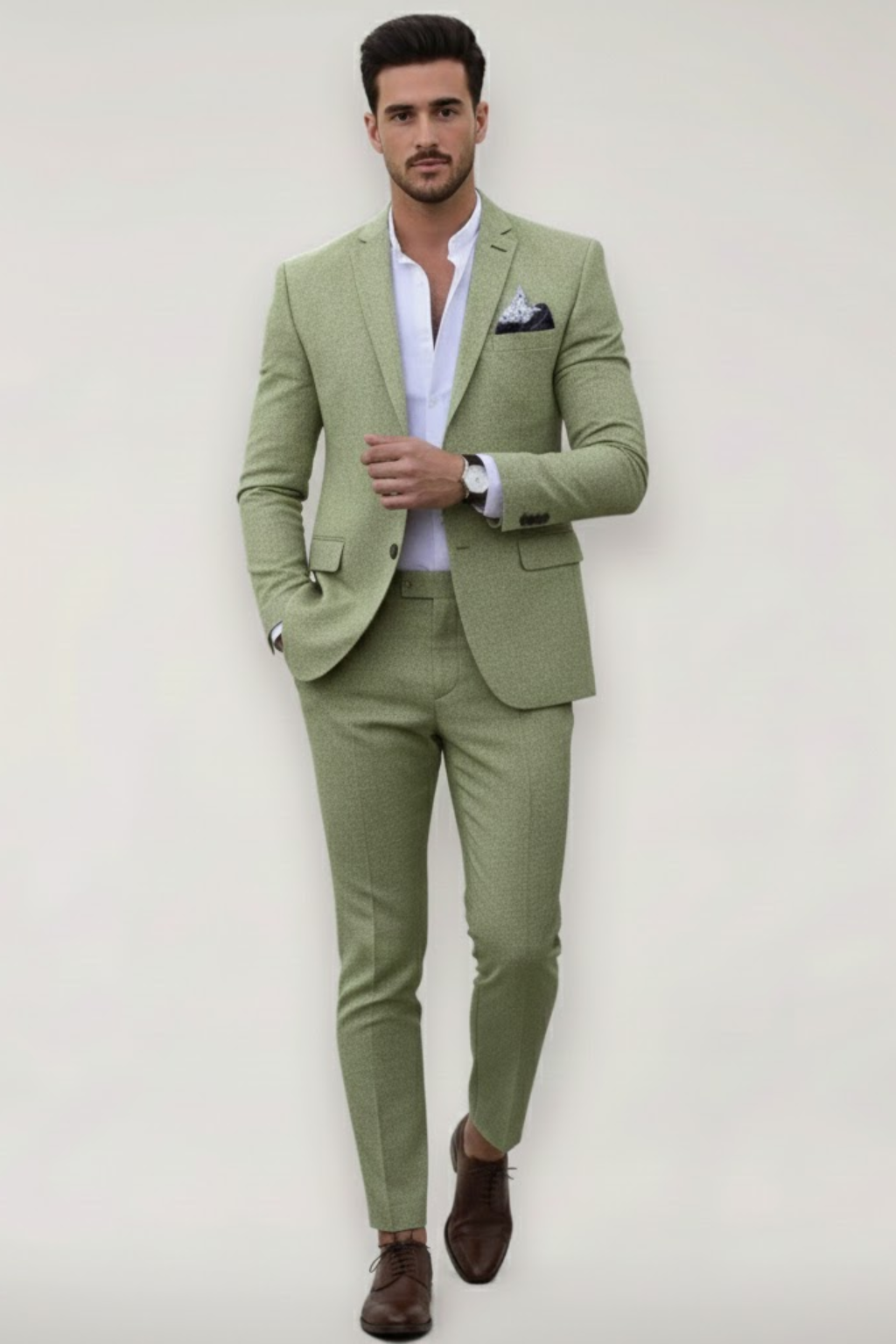 Stylish men's slim fit 2-piece suit in light green. Ideal spring/summer formal wear for weddings & events.