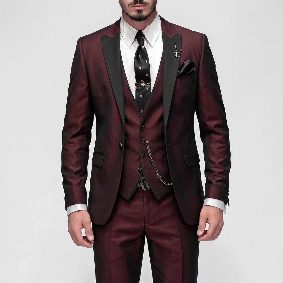 Man in a sharp slim-fit 3-piece wedding suit, showcasing modern style & sophistication for events.
