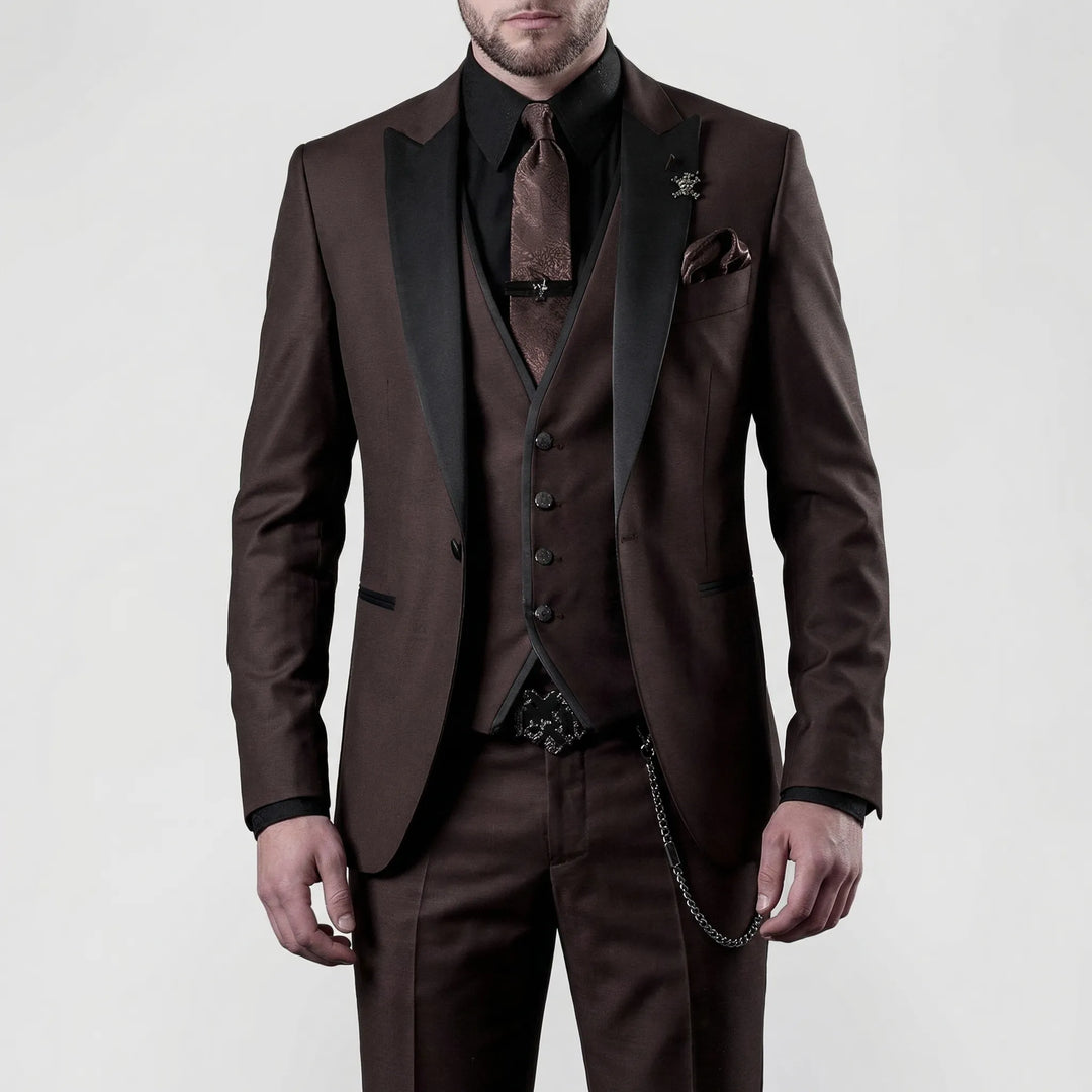 Complete 3-piece men's slim-fit suit set (jacket, vest, trousers) for a polished formal or wedding look.