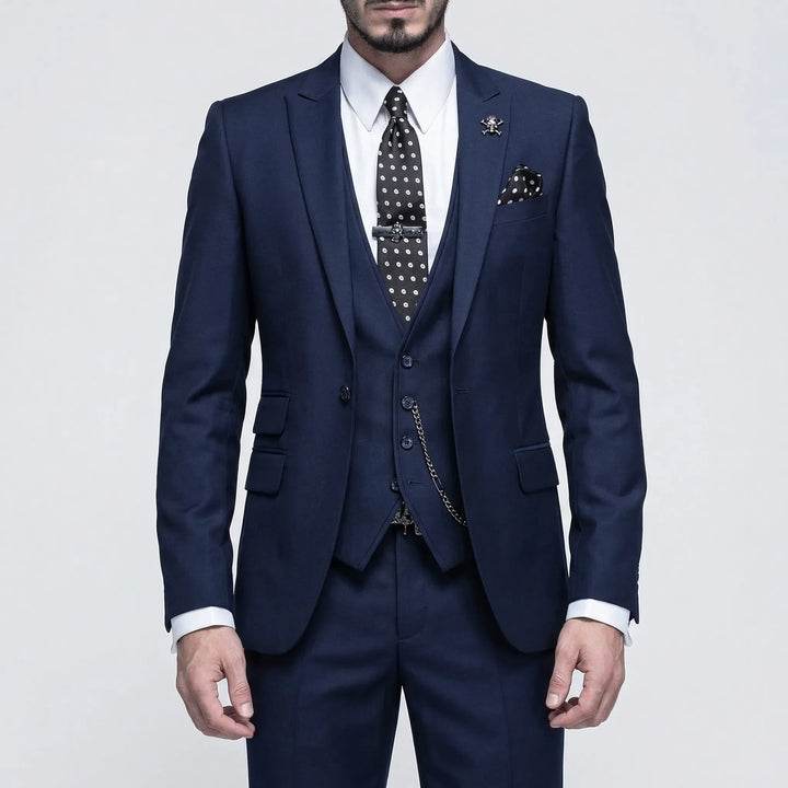 Versatile men's slim-fit business suit; a refined 3-piece design suitable for formal and event wear.